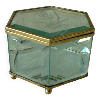 Hexagon beveled glass jewelry box with engraved decor
