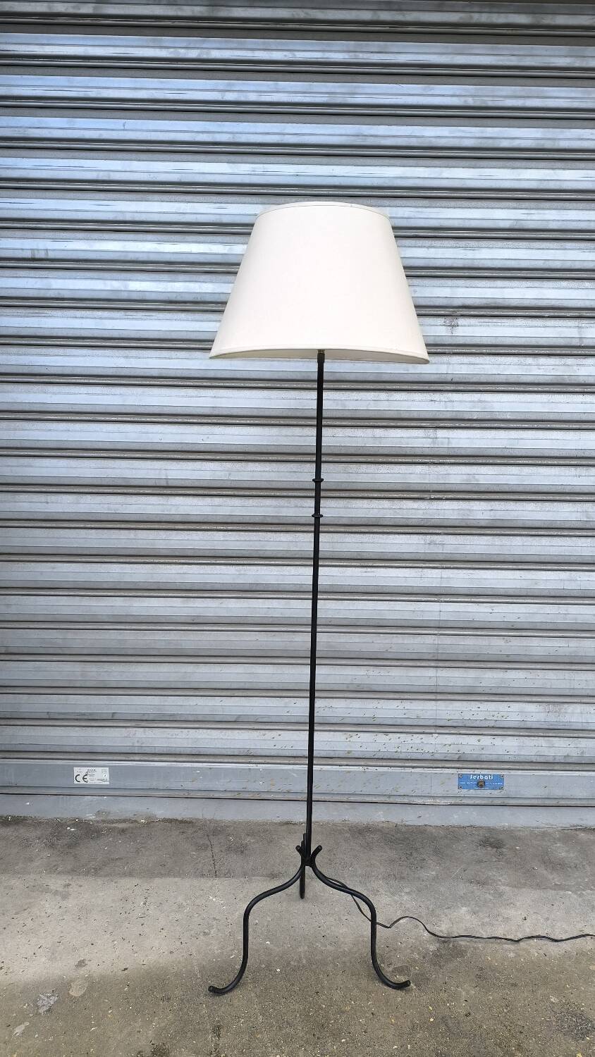 1950s wrought iron tripod floor lamp