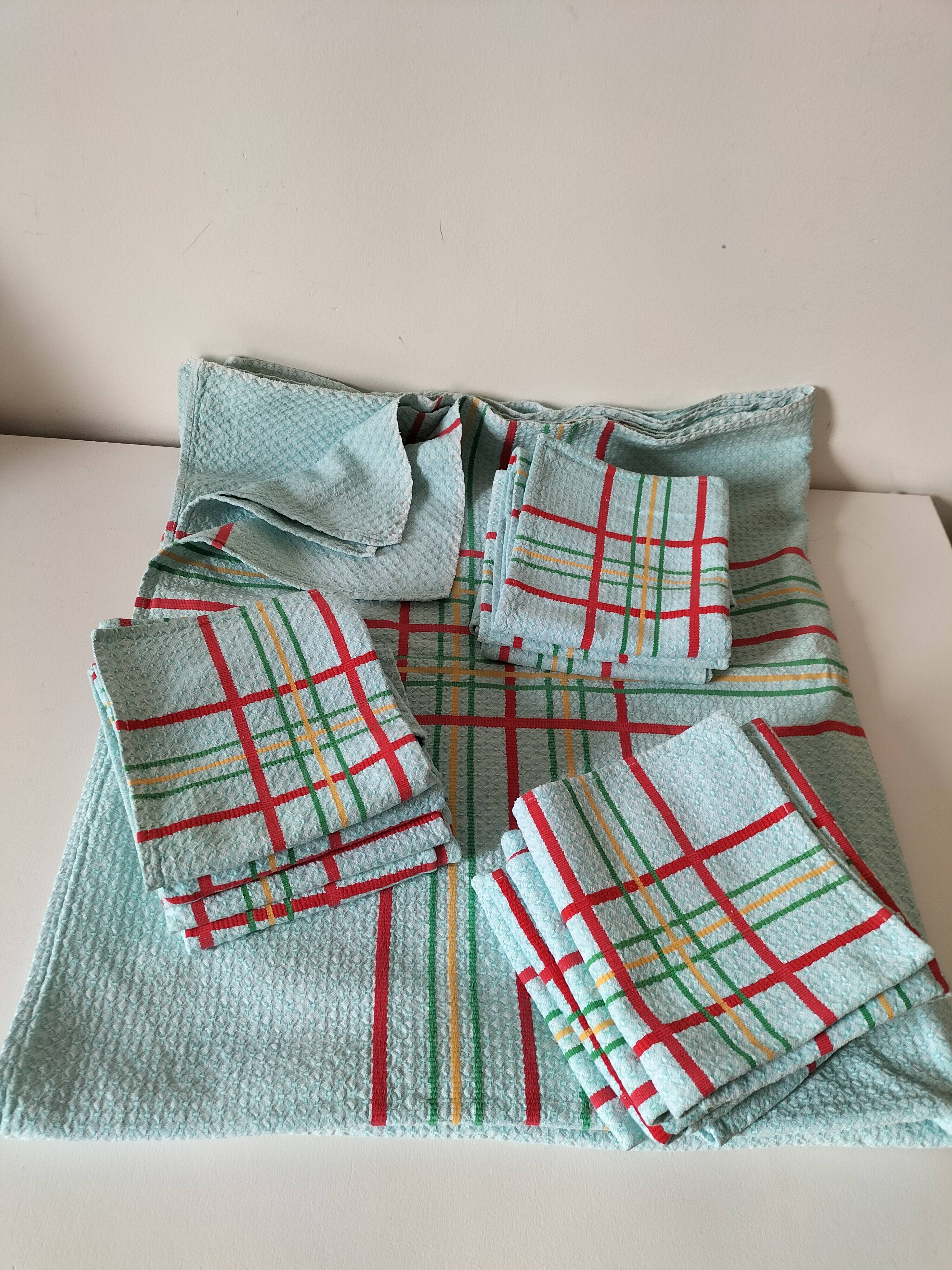 Ensemble nappe et 11 serviettes coton damassé vintage