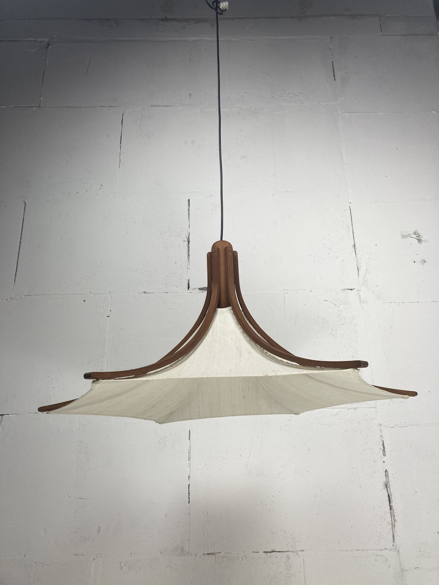 Teak and linen umbrella counter balance pendant by Domus, 1970s