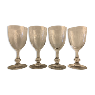 4 engraved and blown stemmed glasses