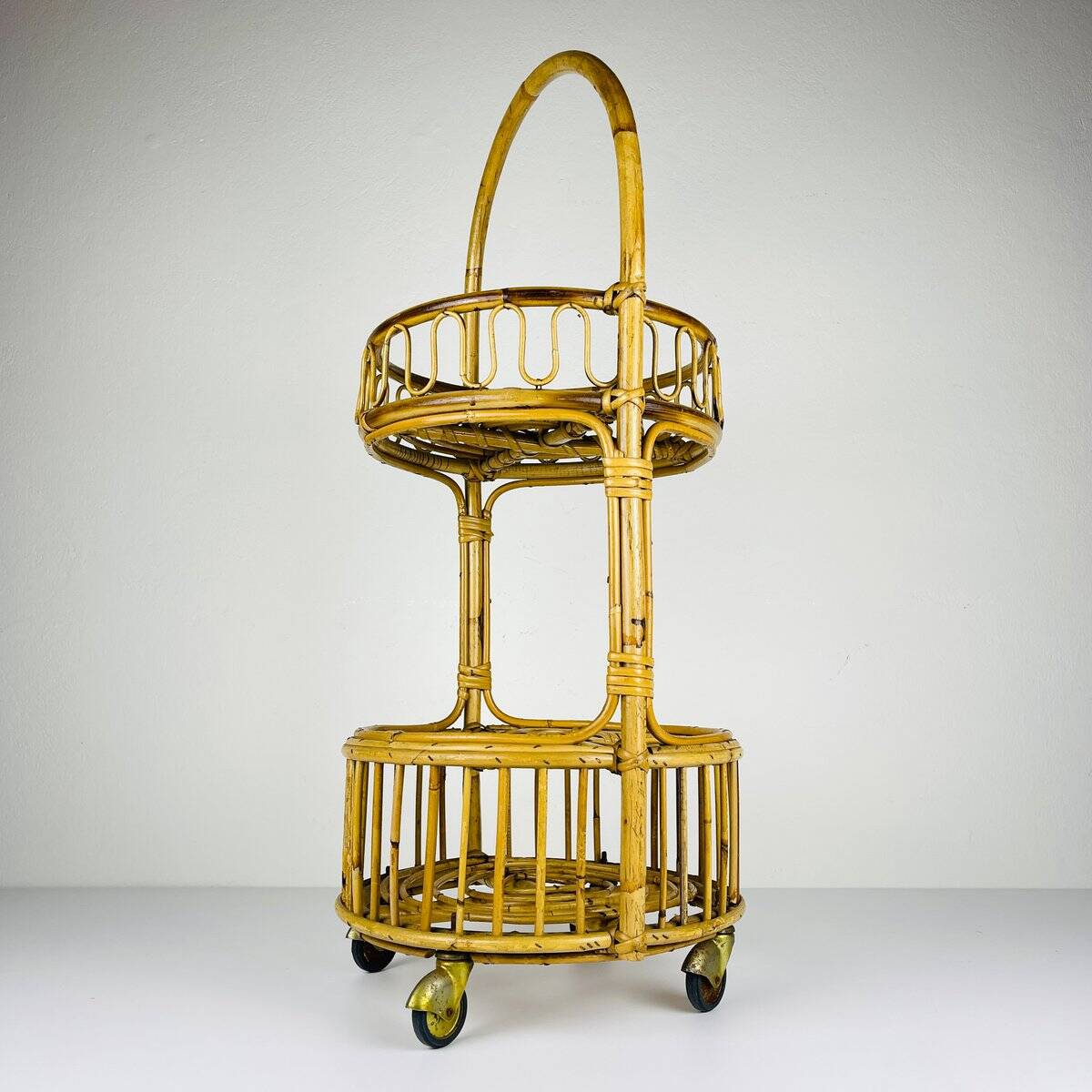 Vintage round service trolley in bamboo and rattan, 1960s