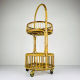 Vintage round service trolley in bamboo and rattan, 1960s
