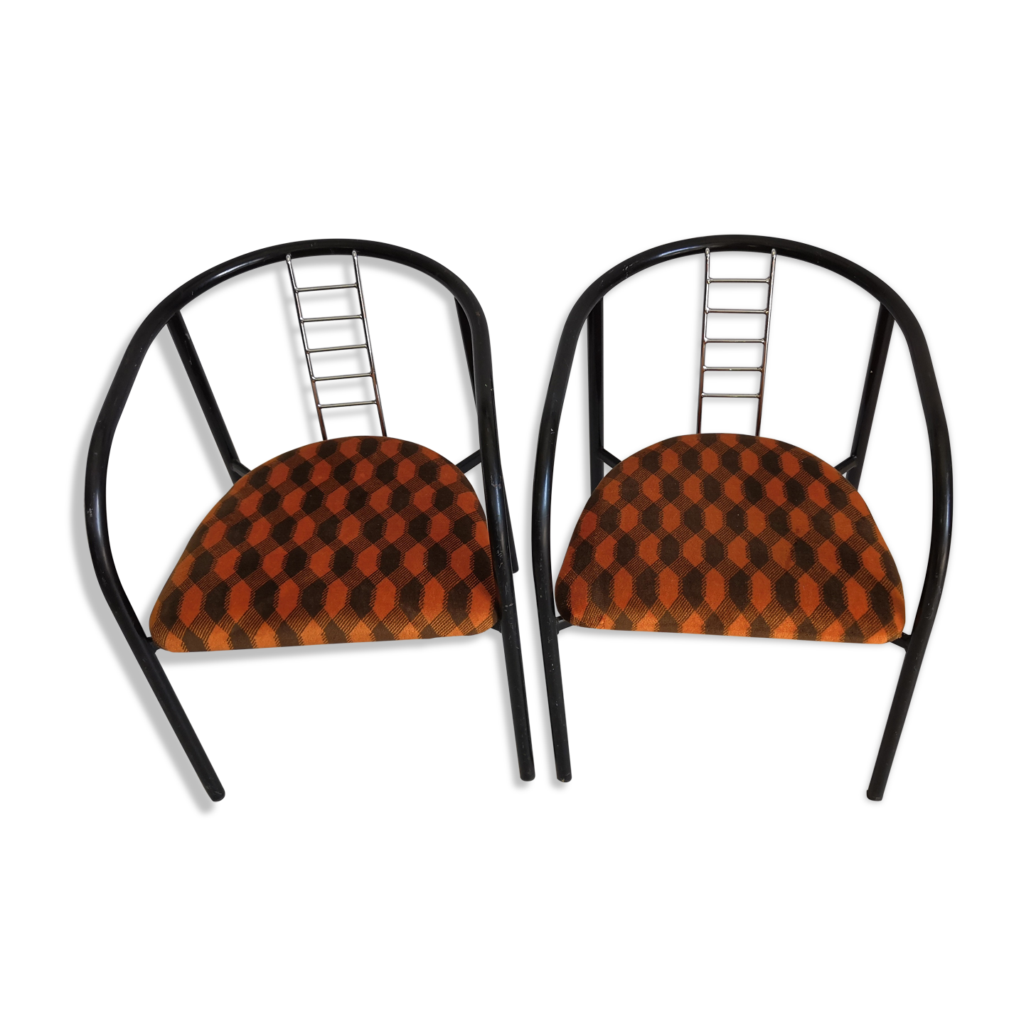 Duo of vintage metal and velvet armchairs