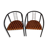 Duo of vintage metal and velvet armchairs