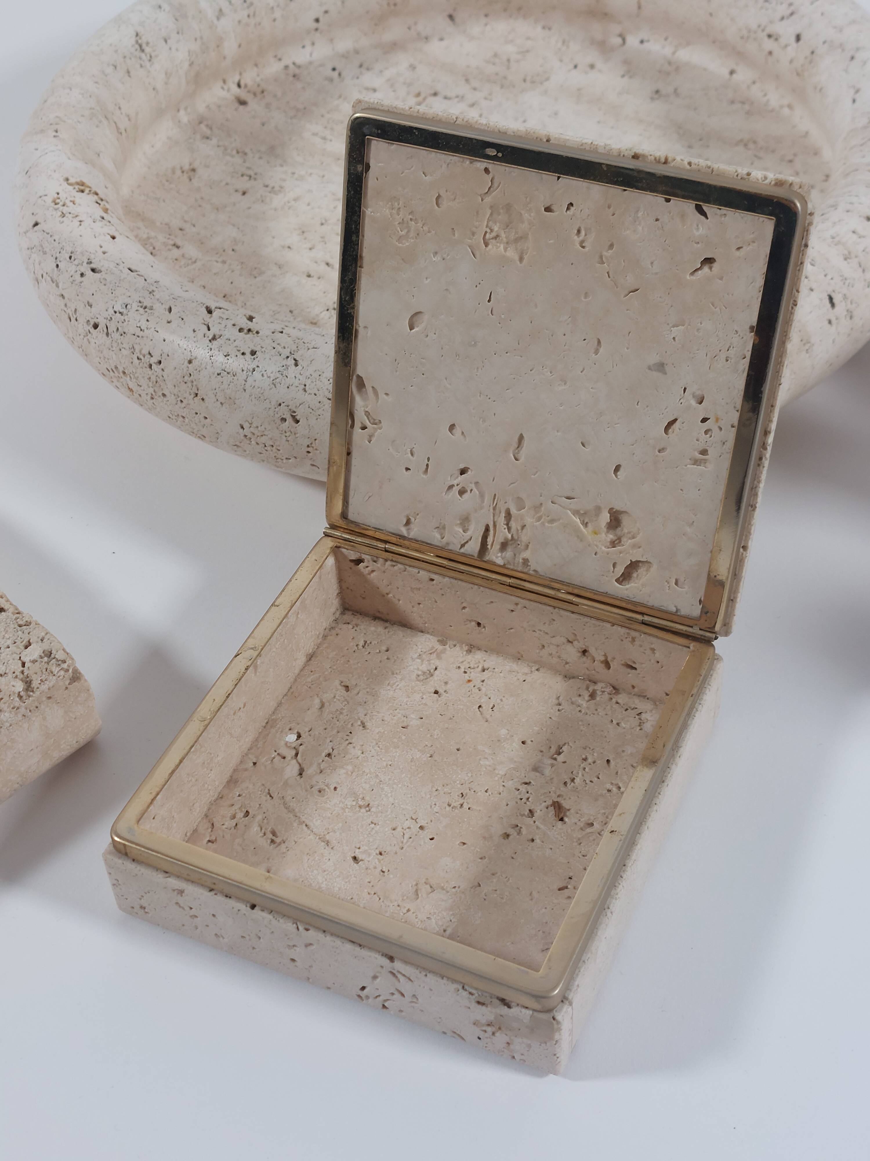 Vintage mid century travertine table set vide poche candleholder ashtray