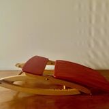 Repose-pieds à bascule vintage en Skaï rouge et en bois
