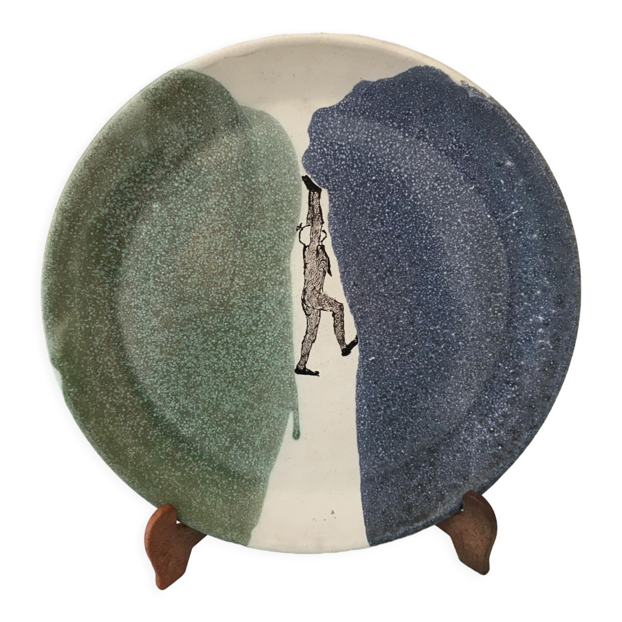 Glazed ceramic plate representation man between two lands unknown signature