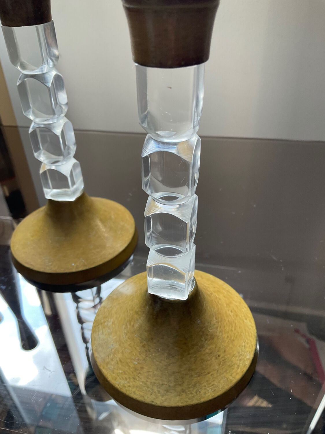 Pair of vintage candle holders in lucite and metal