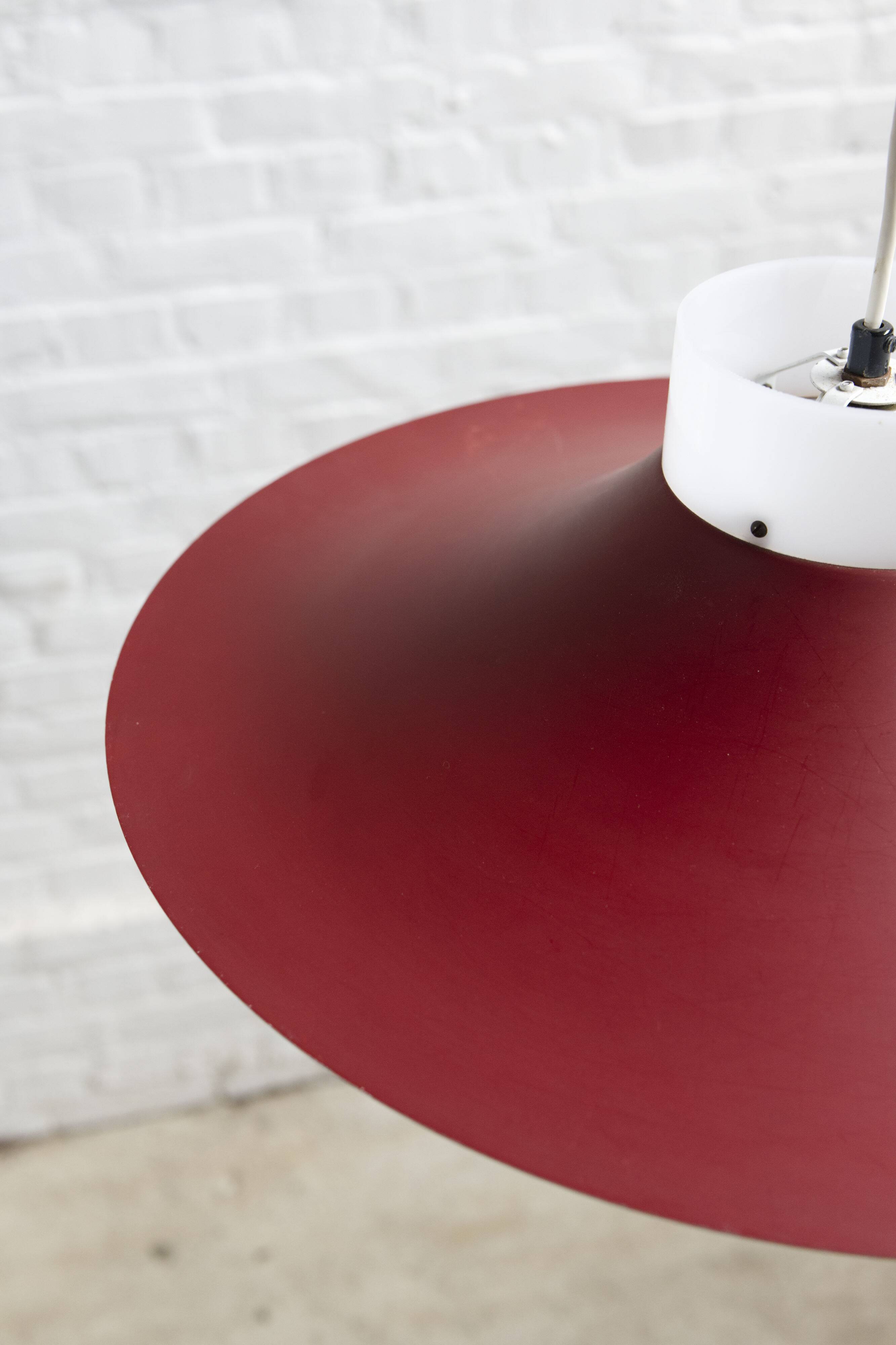 Danish red metal and opal plastic pendant lamp, 1960s