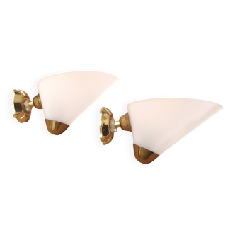 Pair of white and gold wall lights, 1950s