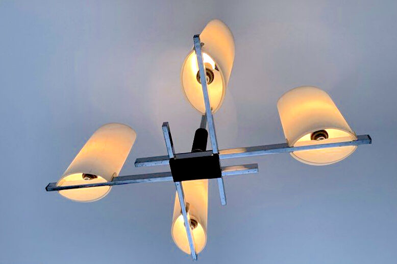 Arlus chandelier chrome, four opaline lights, mid-century France