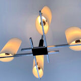 Arlus chandelier chrome, four opaline lights, mid-century France
