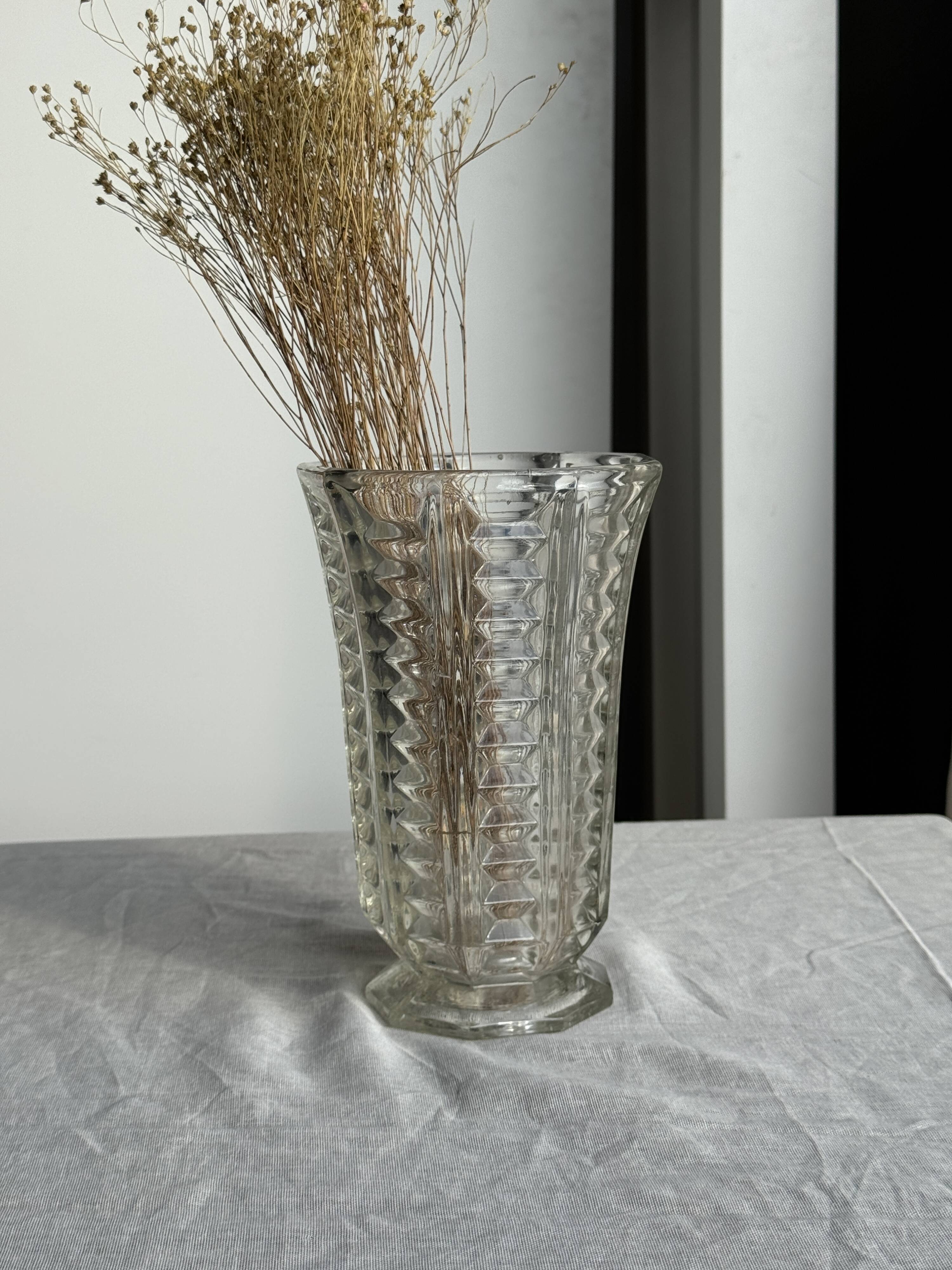 Vintage geometric moulded glass flared vase H21