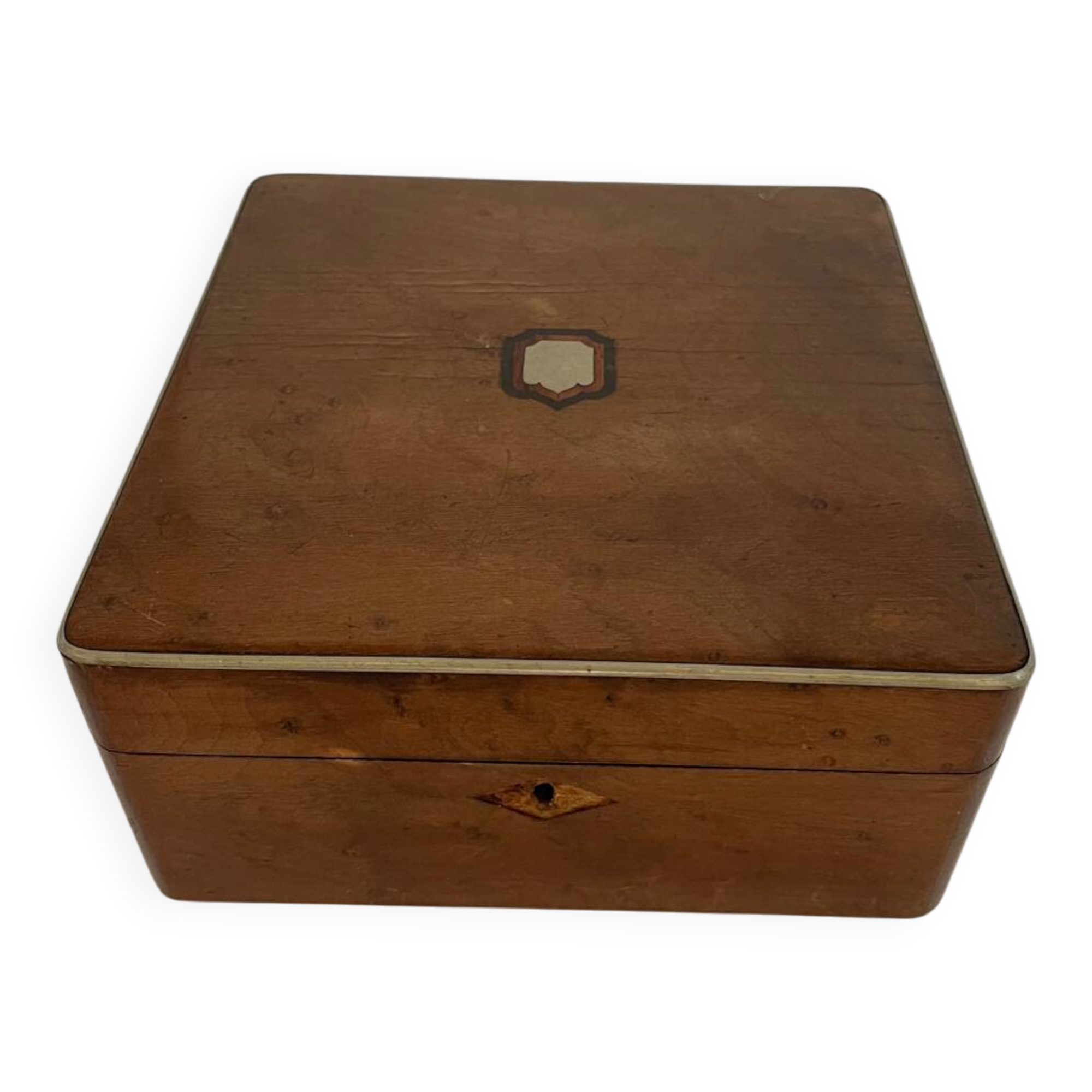 Old square wooden box, a bit of marquetry, padded, box.