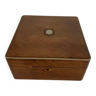 Old square wooden box, a bit of marquetry, padded, box.