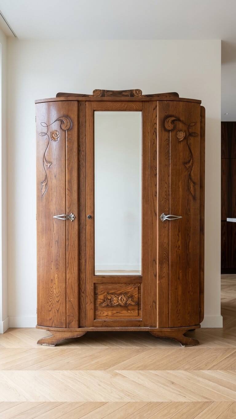 Antique Art Deco wardrobe in carved wood with mirror