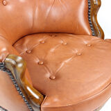Fauteuil en cuir et noyer cognac, Tchécoslovaquie années 1940