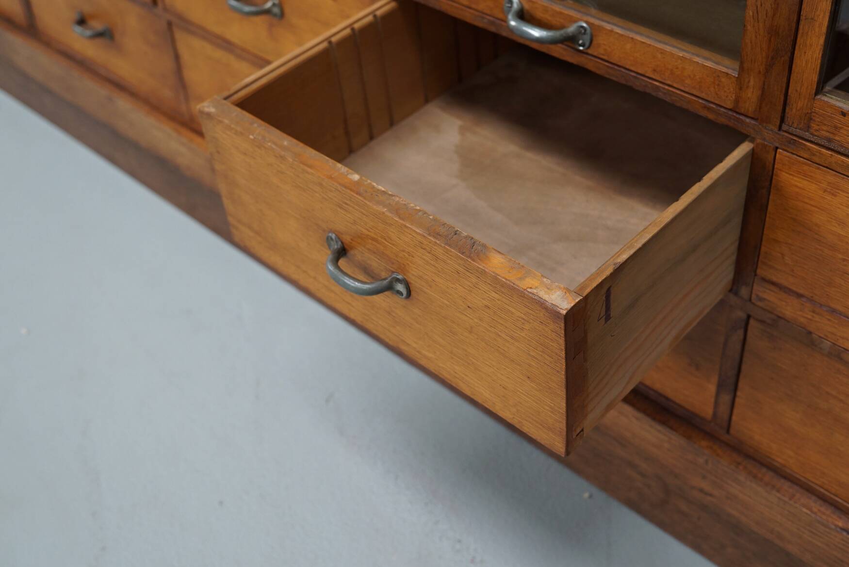 Large vintage German oak haberdashery shop cabinet, 1940s