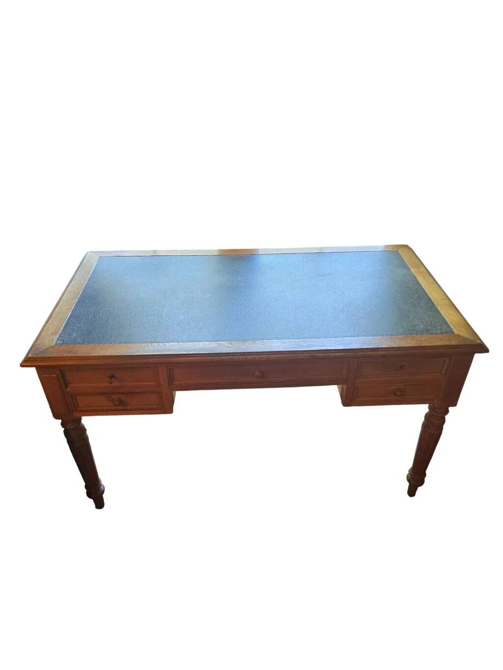 Antique flat desk in oak and black leather, Louis-Philippe style.