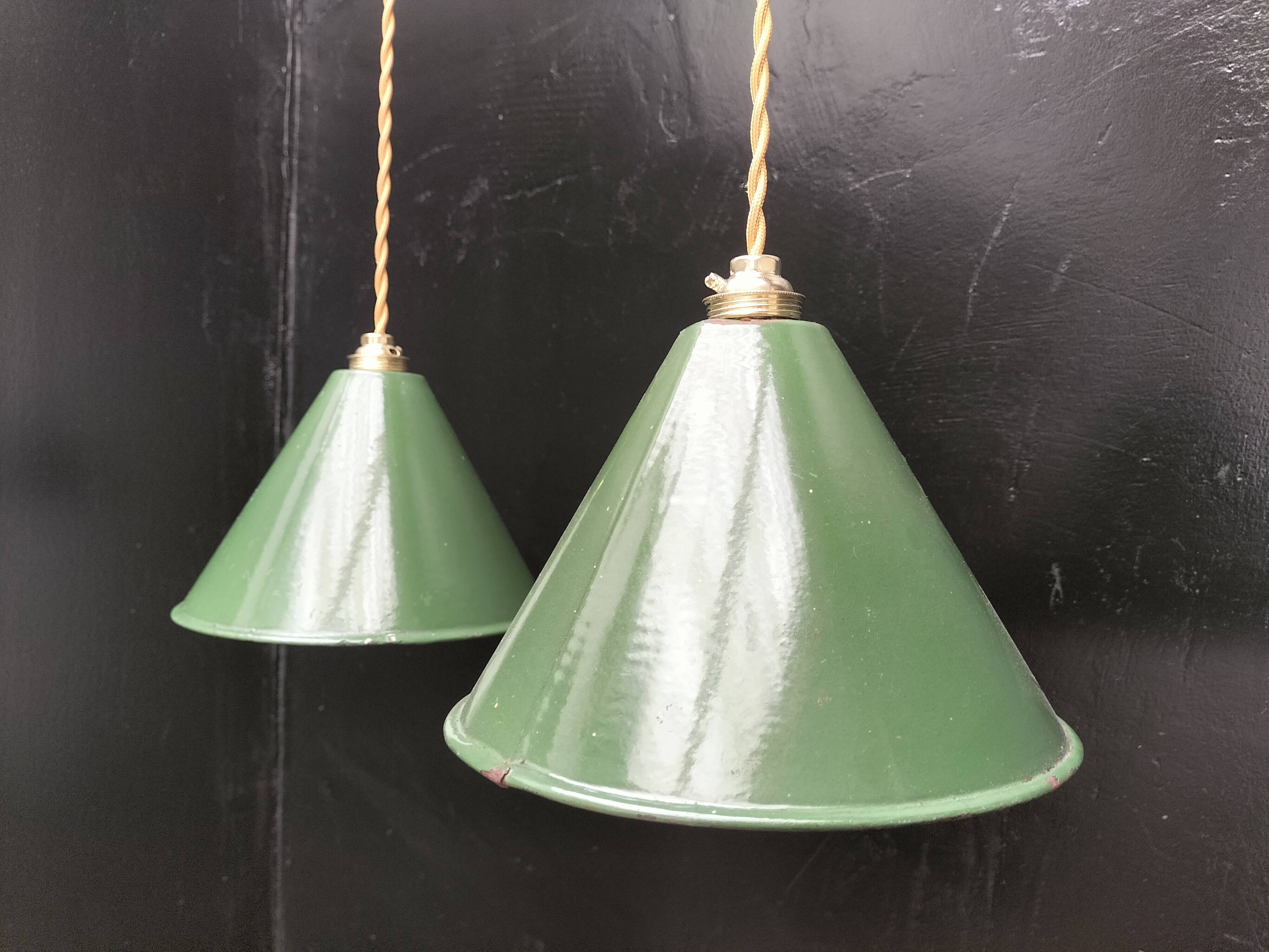 2 enameled sheet metal cone pendants