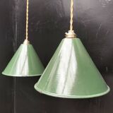 2 enameled sheet metal cone pendants