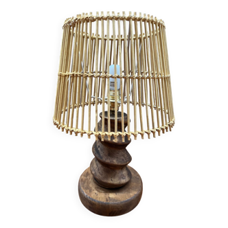 Turned wood foot lamp and bamboo lampshade