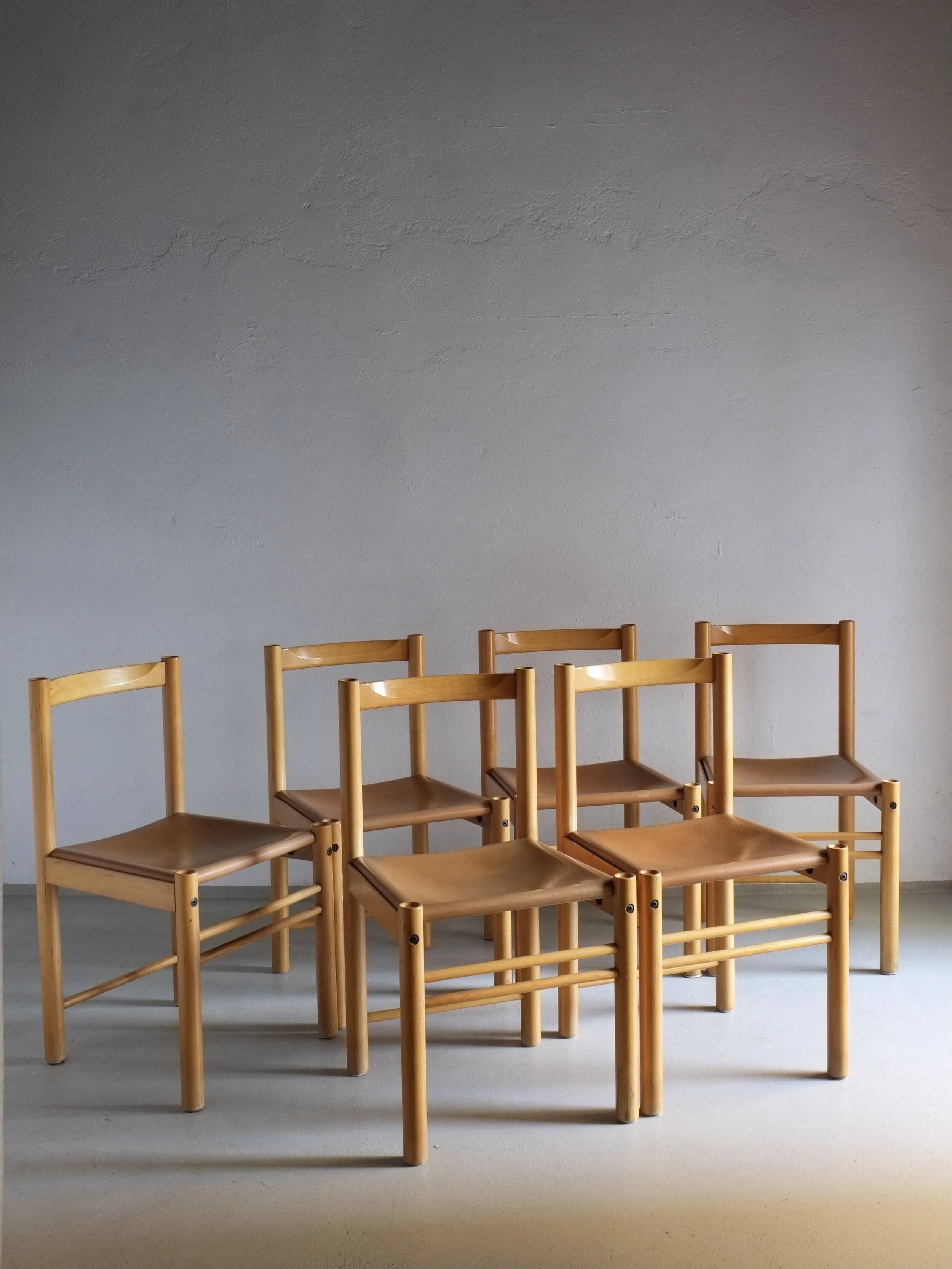 6 beech wood cognac leather chairs | Ibisco | Italy | 1960s