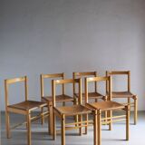 6 beech wood cognac leather chairs | Ibisco | Italy | 1960s