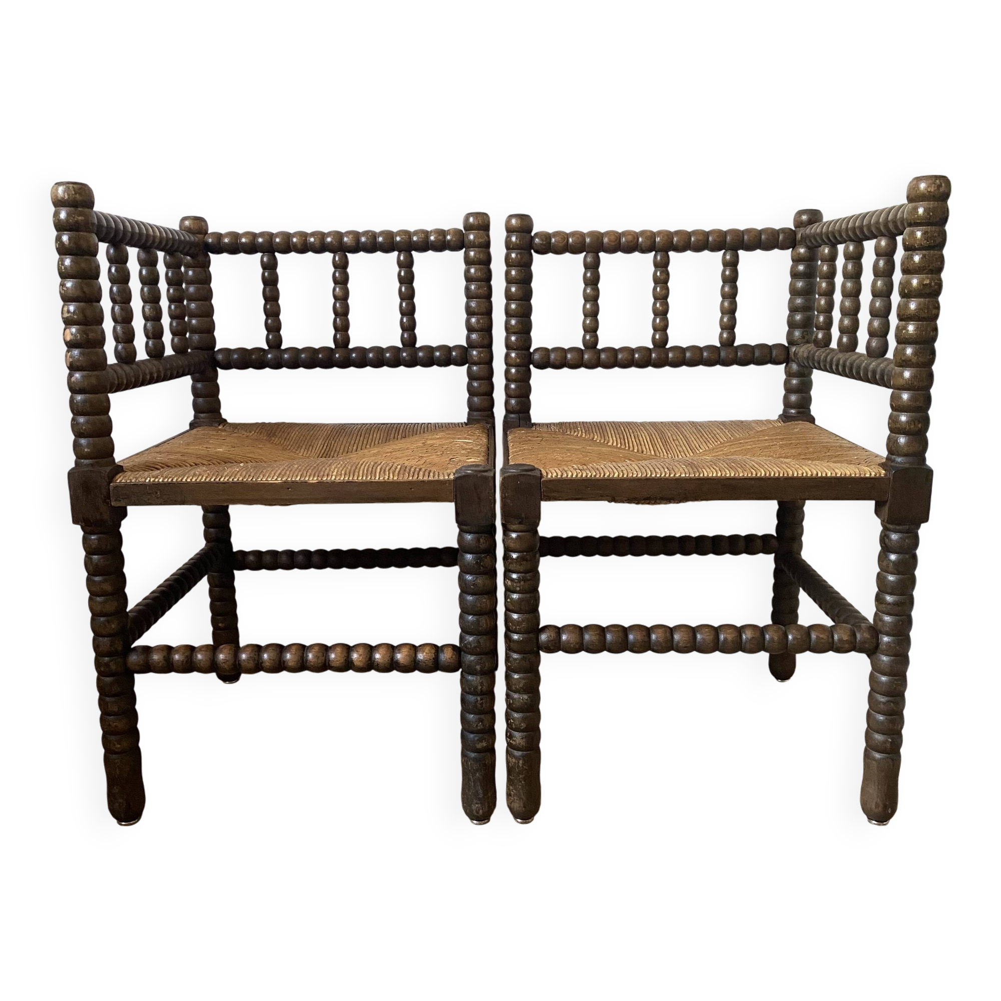 Pair of turned wood corner chairs, fireside chairs