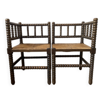 Pair of turned wood corner chairs, fireside chairs