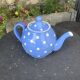 Lavender blue earthenware tea service with white polka dots from Digoin Sarreguemines.
