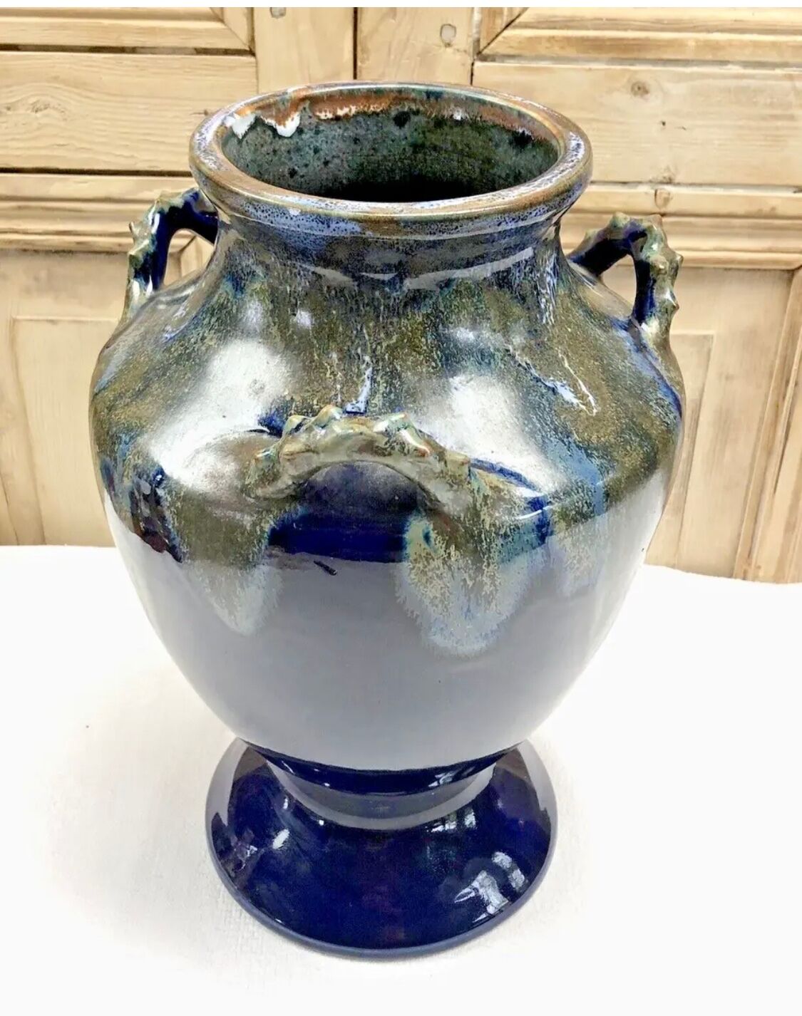 Old large sandstone vase signed Maure Lebret de Ligers Puisaye triple handles
