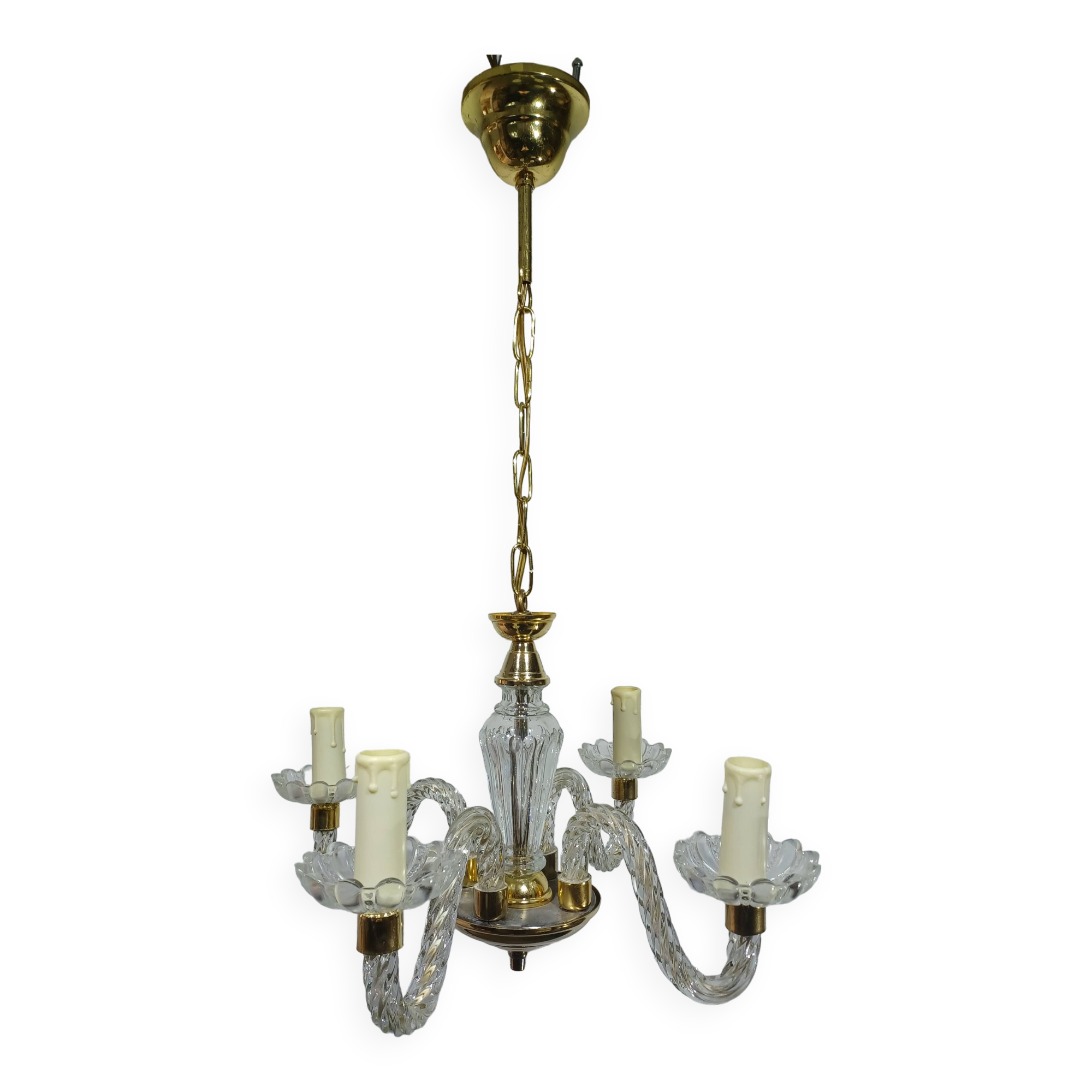 4-light glass and brass chandelier