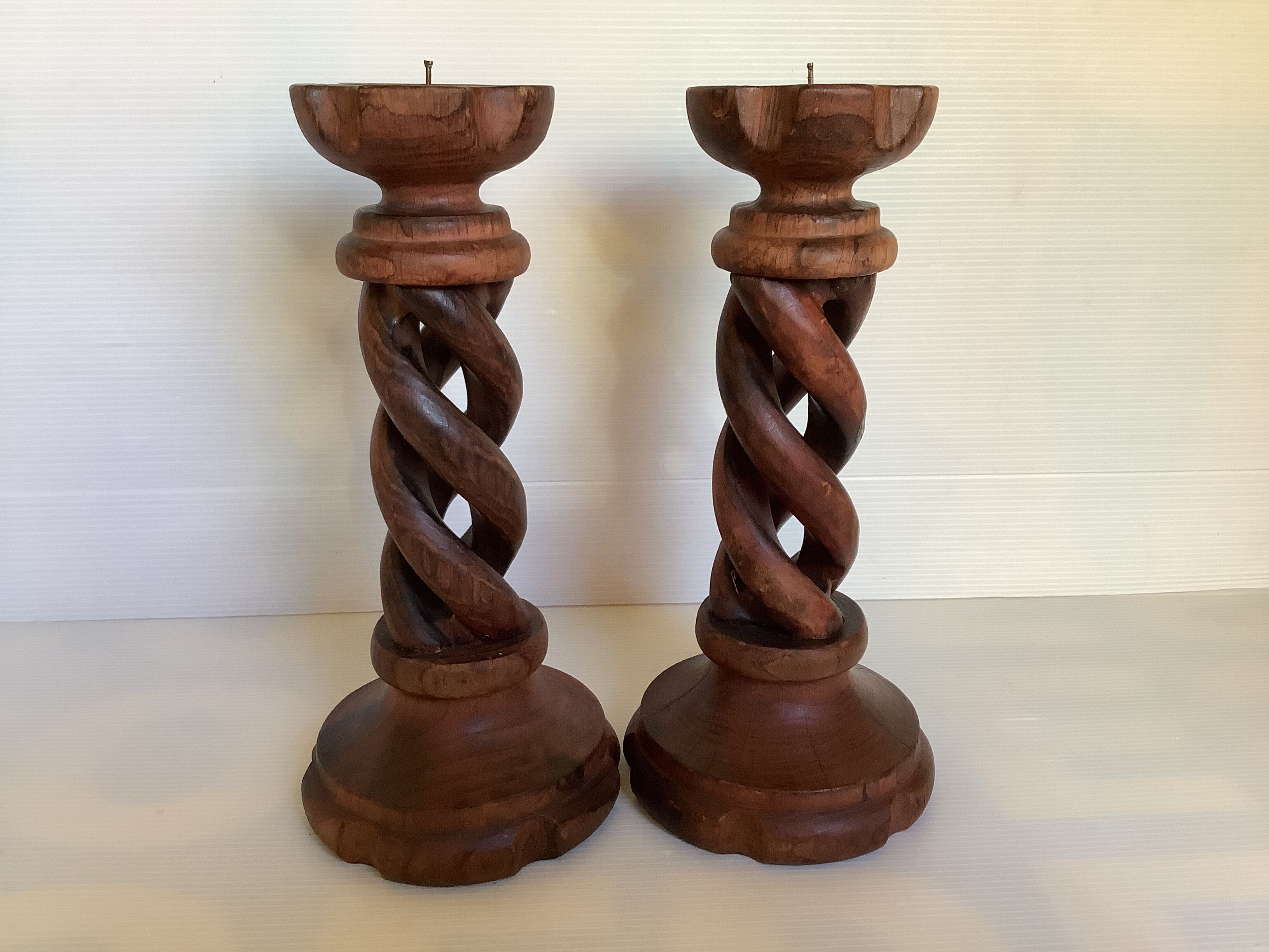 Pair of candlesticks picnic candle in twisted turned wood