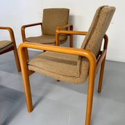 4 armchairs with armrests in beech and fabric, 1970s vintage design.