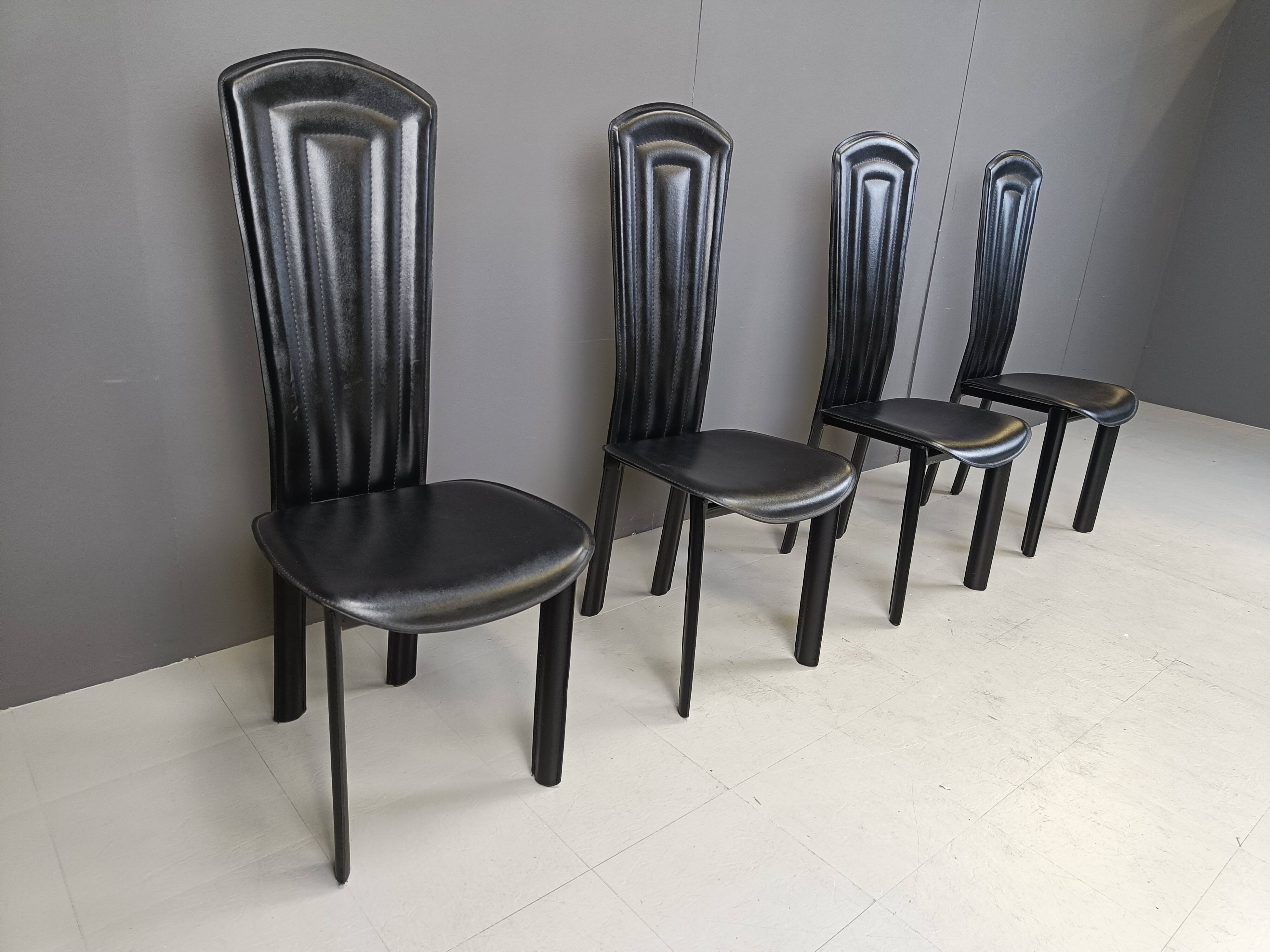 Vintage black leather dining chairs, set of 4, 1980s