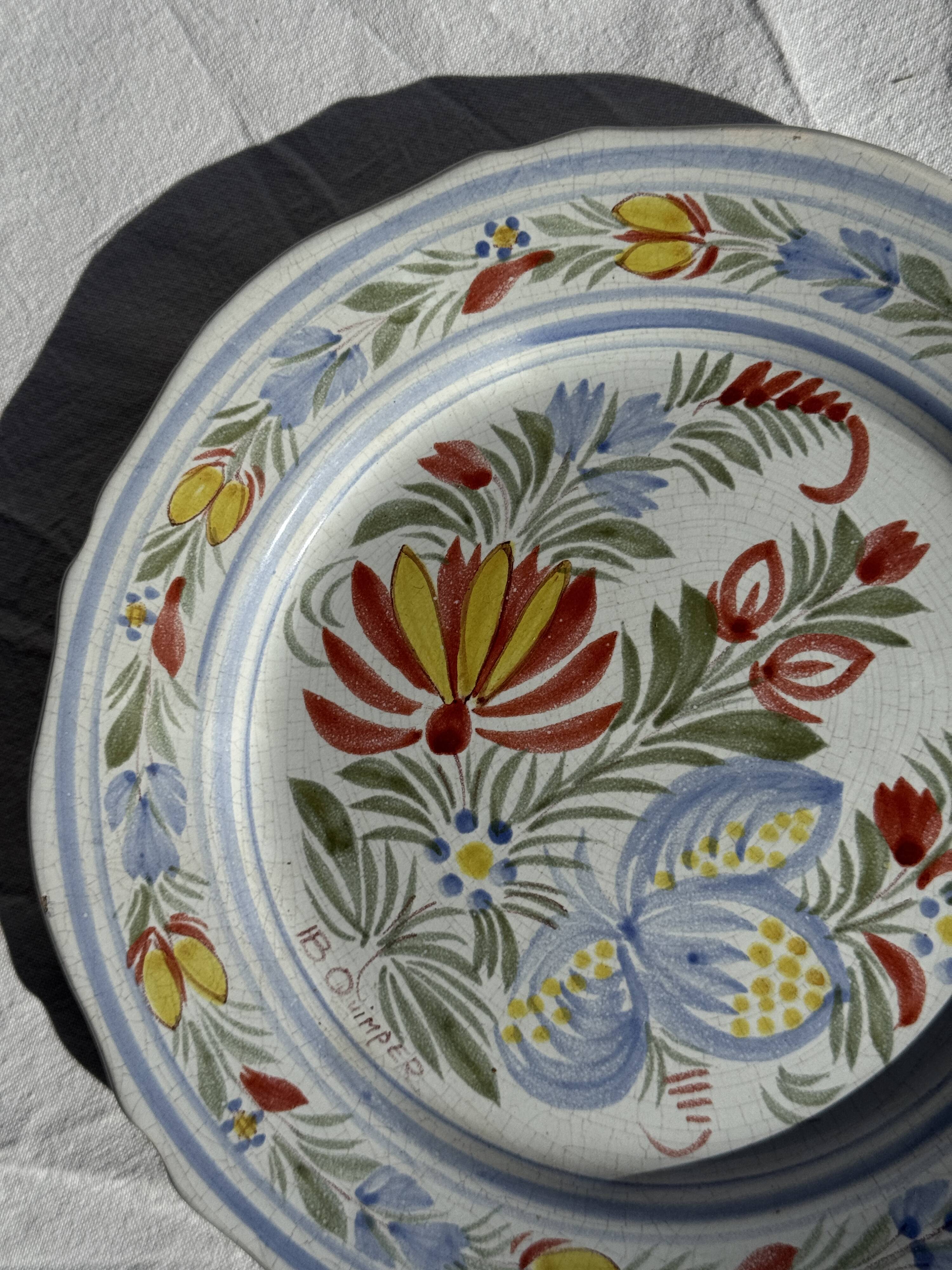Antique decorative plate IB Quimper with polychrome floral decoration D24