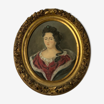 Portrait pastel XIX femme du XVIII ème cadre ovale dore