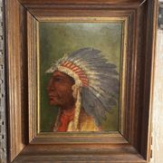 Old oil painting on panel of a Native American chief from the 19th century Wild West.
