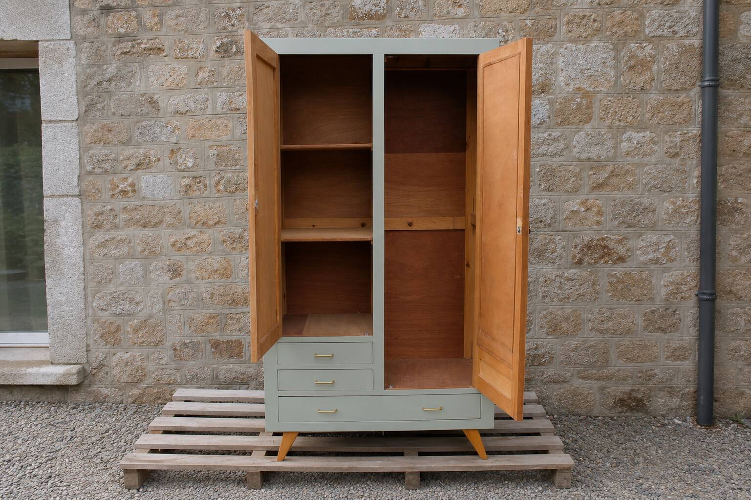 Vintage Parisian wardrobe in sage green – Mirror, hanging space and drawers