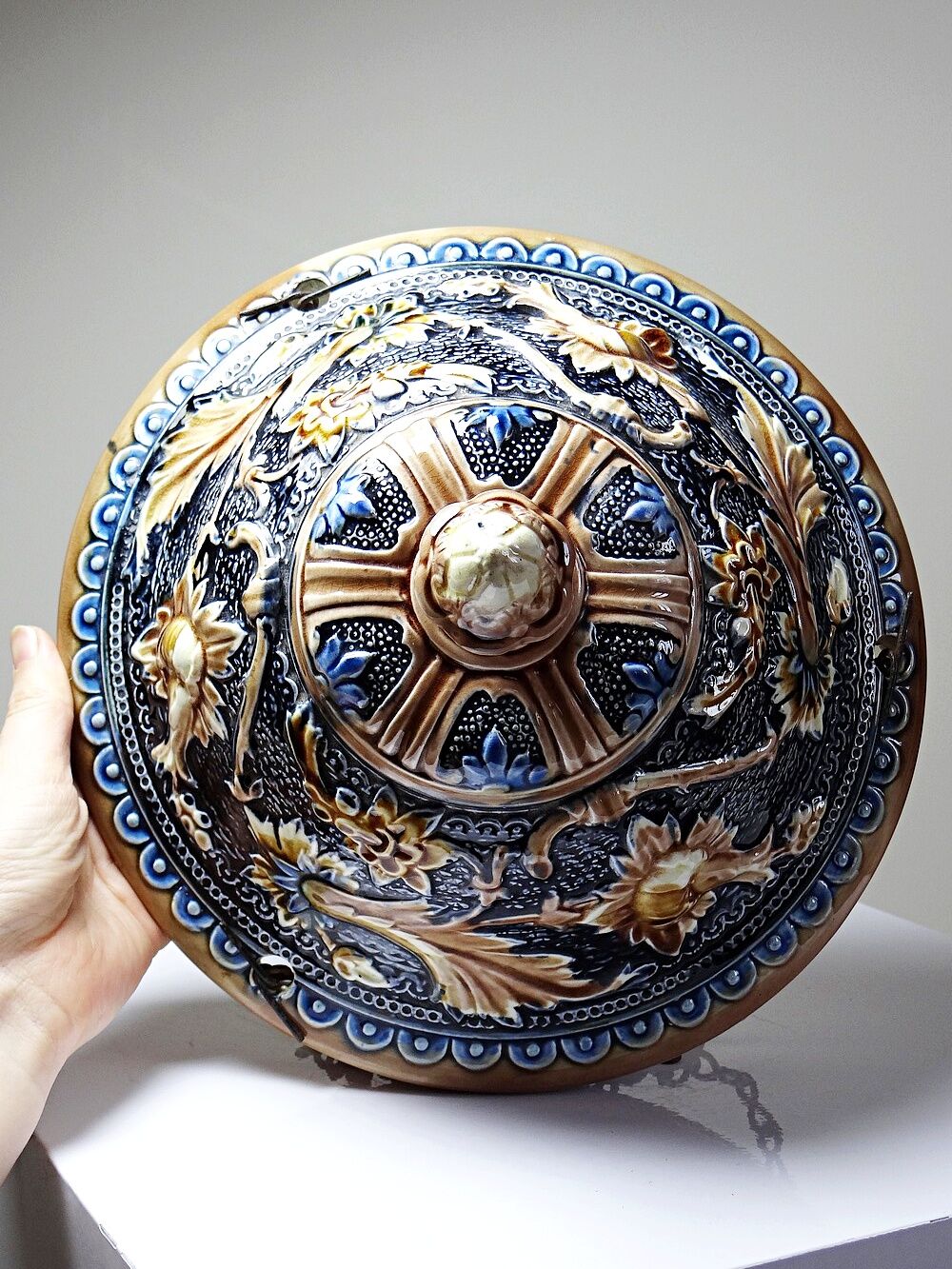Antique hanging planter from the early 19th-20th century in Art Nouveau majolica.