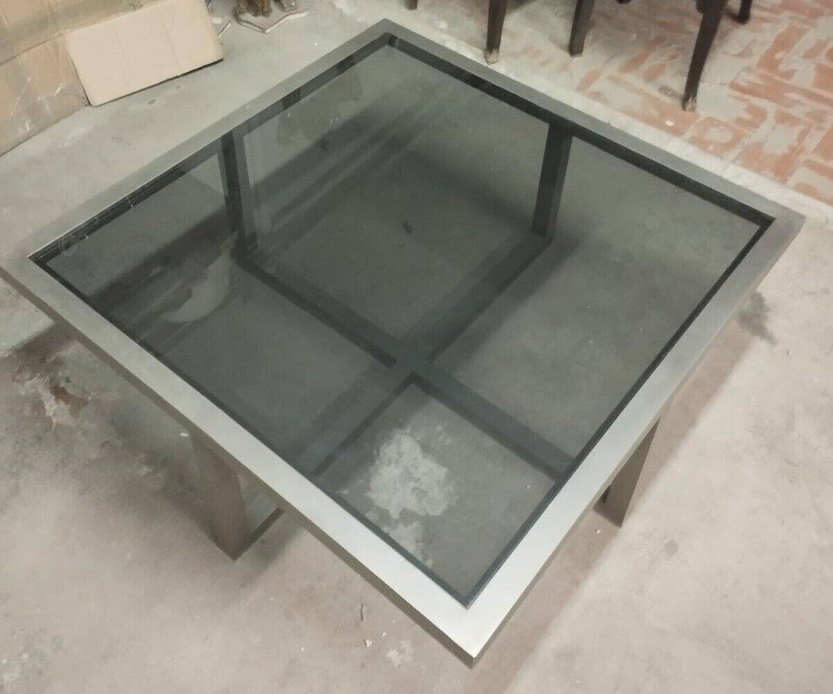 Table in satin aluminum and black glass, 70s design