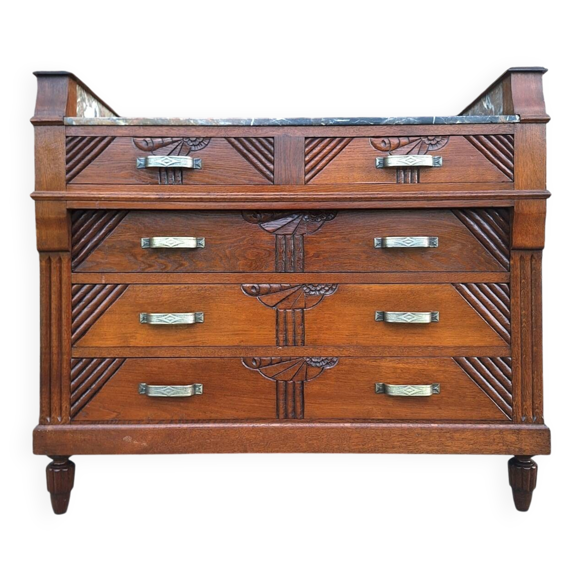 Art Deco commode with marble top, vintage antique furniture.