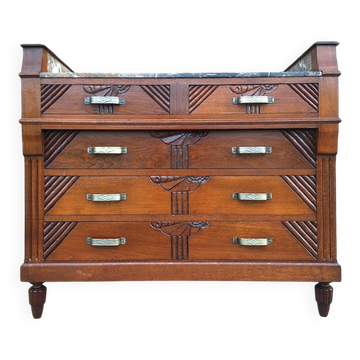Art Deco commode with marble top, vintage antique furniture.