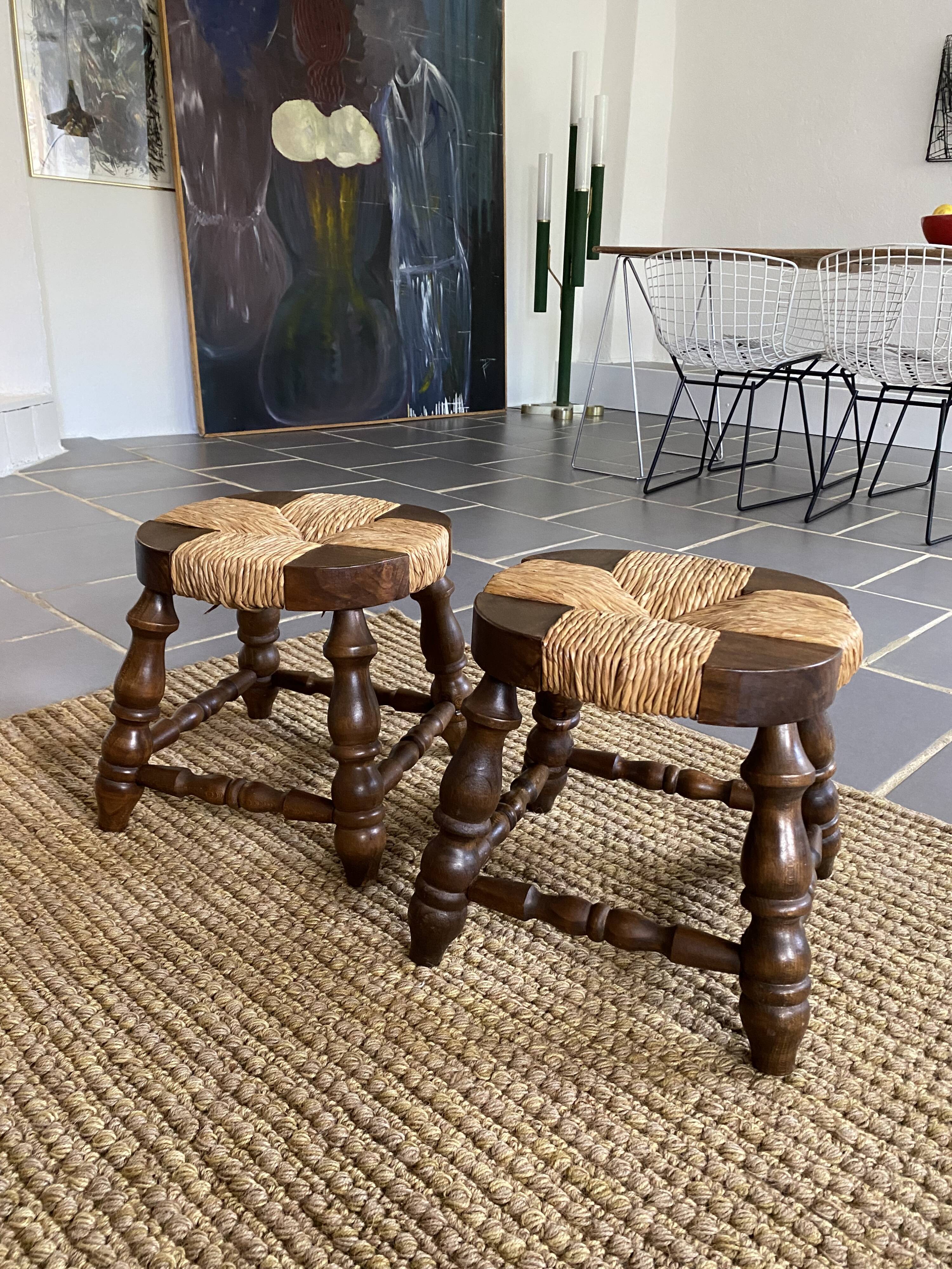 Paire de tabourets bois et paille vintage