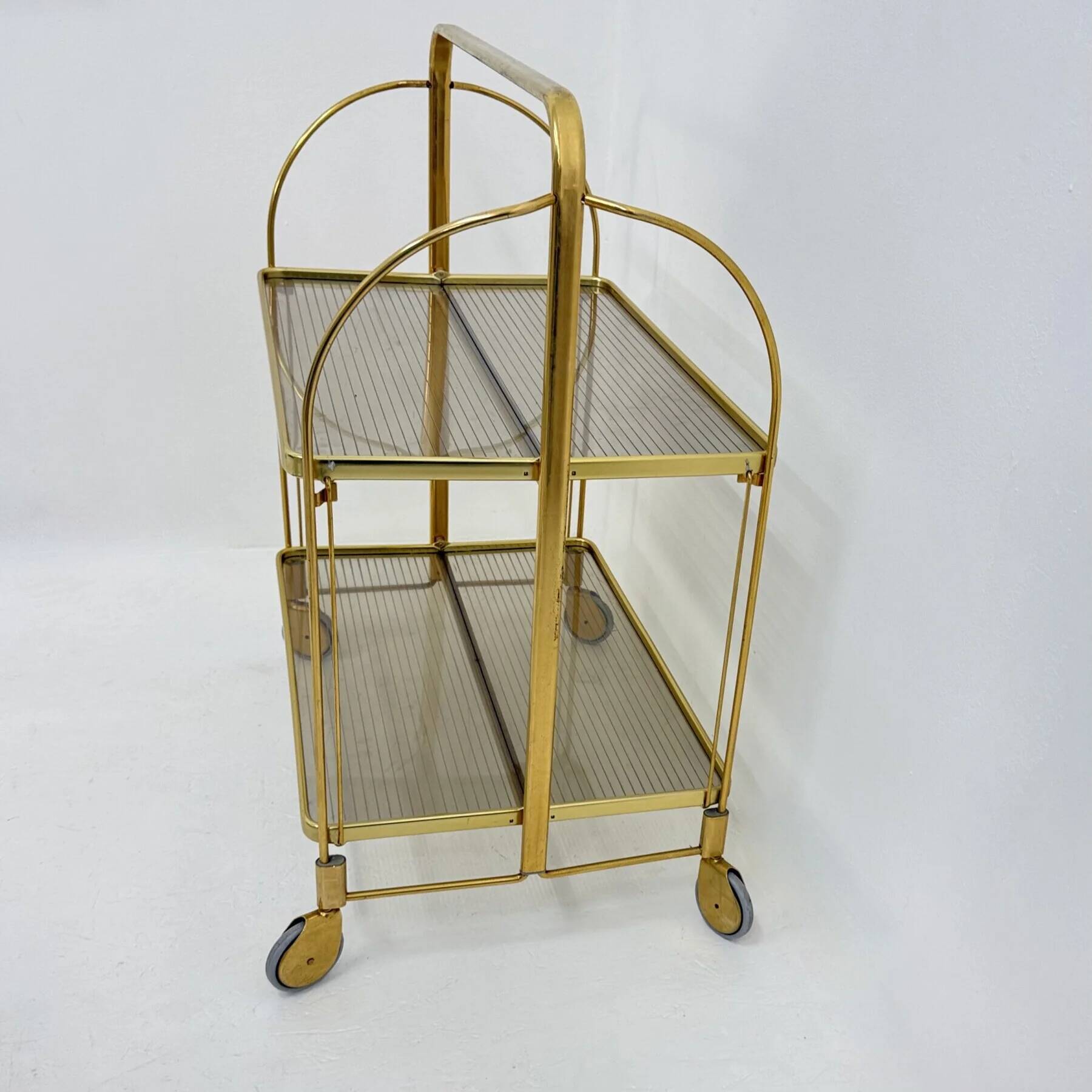 Mid-century modern folding bar cart in brass and ribbed acrylic glass, 1970s