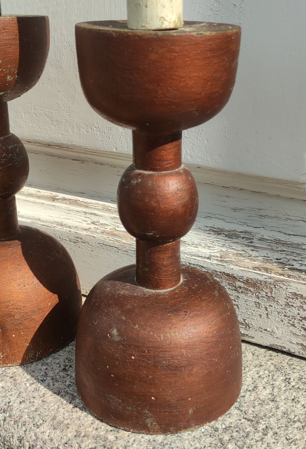 Series of 4 old large wooden candlesticks/brutalist