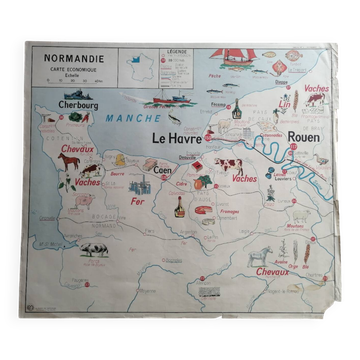 Vintage school map mdi France Normandy Paris Basin.