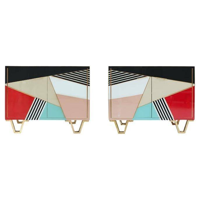 Mid Modern Italian Colored Glass Sideboards with Solid Wood Structure and Brass